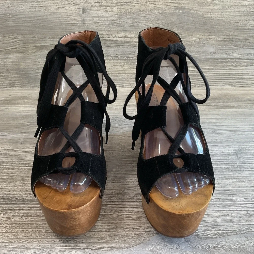 Y2K KDB Womens Sandals Vintage Wedge Size 7 Brazil Lace Up Suede Ankle Strap
